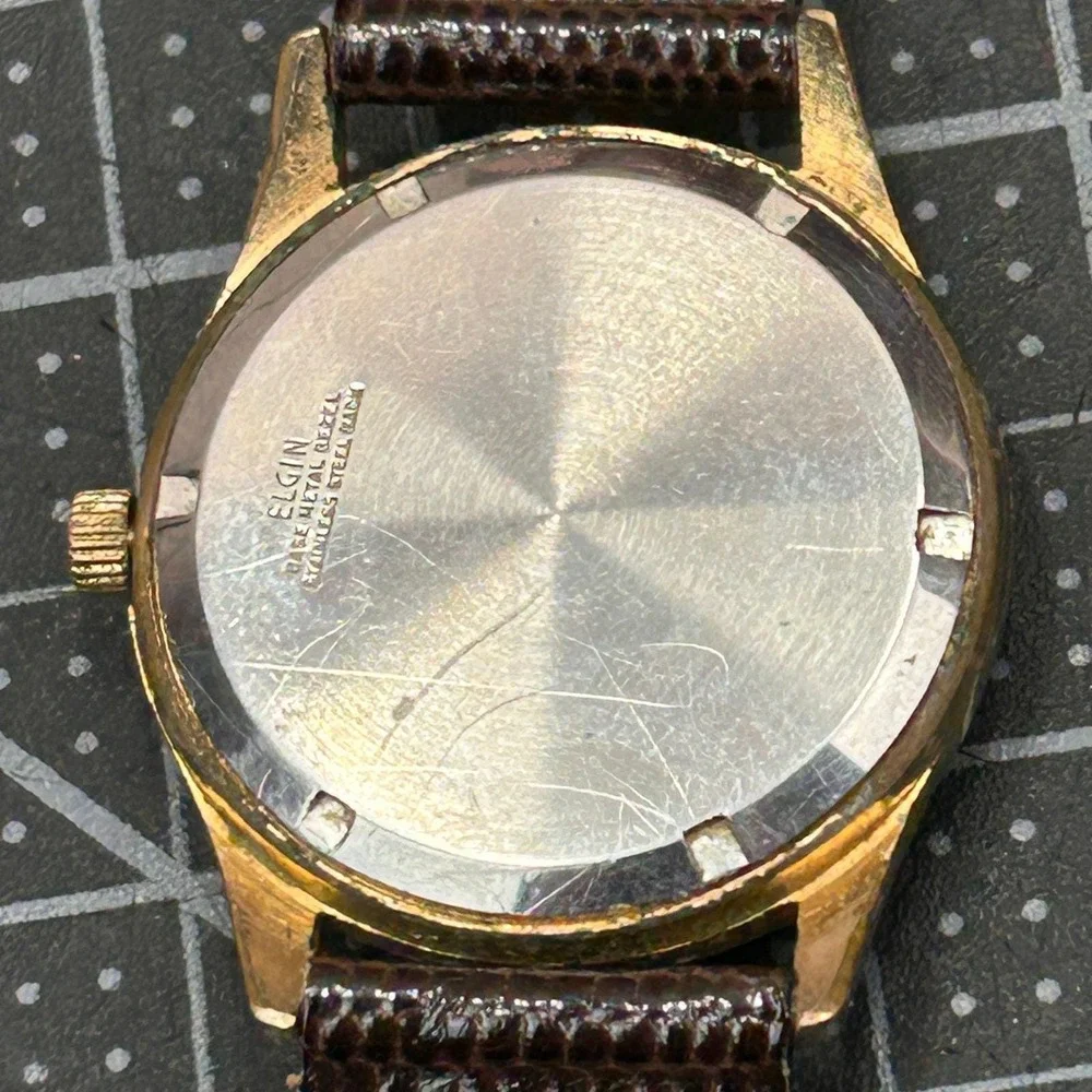 Vintage Elgin Manual Wind‎ Watch Gold Tone Base Metal Bezel Brown Leather Tested